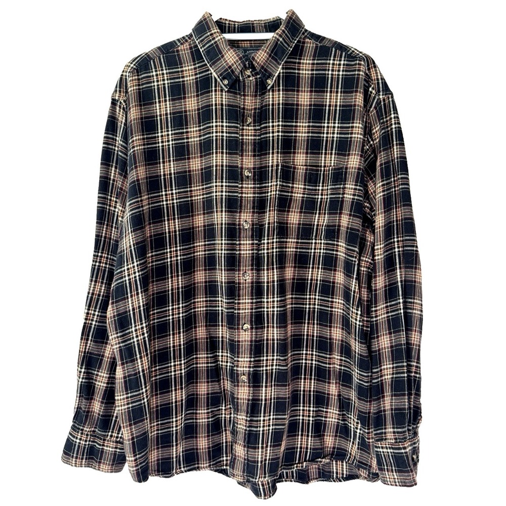 Vintage 90s Arrow Plaid Black Brown Flannel Shirt Button Down Grunge Retro Cabin